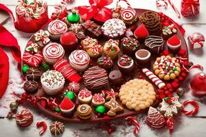 un plato de Navidad galletas y caramelo bastones generado por ai foto