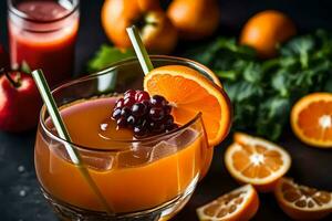 orange juice with berries and oranges on a dark background. AI-Generated photo