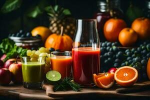jugo y frutas en un mesa. generado por ai foto
