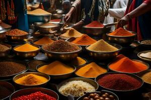 a variety of spices and herbs are displayed in bowls. AI-Generated photo