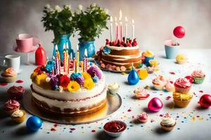 a birthday cake with candles and cupcakes. AI-Generated photo