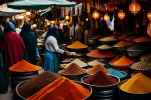 a market with many colorful spices and bowls. AI-Generated photo