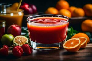 un vaso de jugo con fresas, naranjas y fresas generado por ai foto