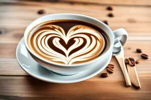 a cup of coffee with heart shaped latte art on a wooden table. AI-Generated photo