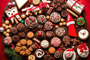 un grande plato de Navidad galletas y dulces. generado por ai foto