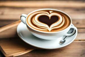 a cup of coffee with a heart shaped latte art. AI-Generated photo