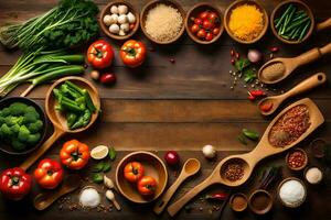 a variety of vegetables and spices in wooden bowls. AI-Generated photo