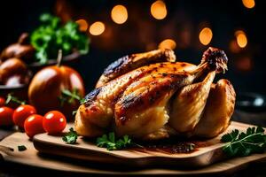a roasted chicken on a wooden cutting board with a glass of wine. AI-Generated photo
