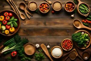 a wooden background with various vegetables and spices. AI-Generated photo
