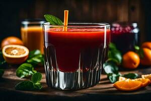 a glass of juice with oranges and mint leaves. AI-Generated photo