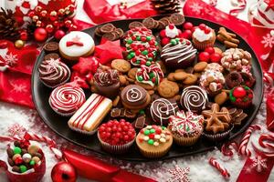 christmas cookies and cakes on a platter. AI-Generated photo