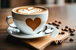 a cup of coffee with heart shaped latte art. AI-Generated photo