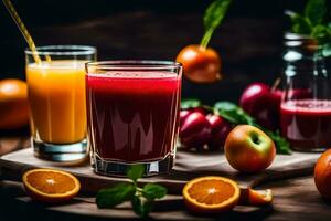 a glass of juice with oranges, apples and a slice of lemon. AI-Generated photo