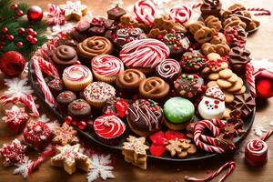 Navidad galletas y golosinas en un de madera mesa. generado por ai foto