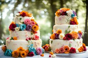 three tiered wedding cake with colorful flowers. AI-Generated photo