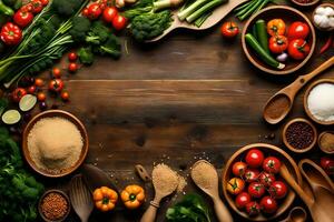 various vegetables and spices are arranged in bowls. AI-Generated photo