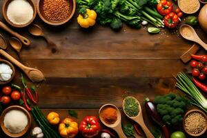 a wooden table with various vegetables and spices. AI-Generated photo