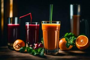 a variety of juices and smoothies on a wooden table. AI-Generated photo