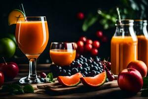 fresh juice in glasses and fruits on a wooden table. AI-Generated photo