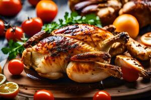 A la parrilla pollo en un de madera corte tablero con Tomates y hierbas. generado por ai foto