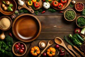 various types of vegetables and spices on a wooden table. AI-Generated photo