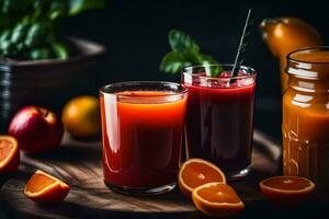 two glasses of juice with oranges and oranges. AI-Generated photo