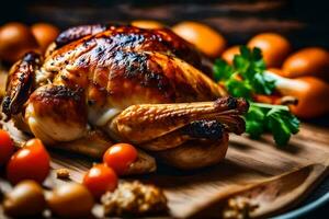 a roasted chicken on a wooden cutting board with vegetables. AI-Generated photo