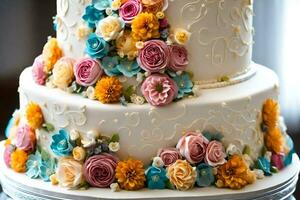 a three tiered cake with colorful flowers on top. AI-Generated photo