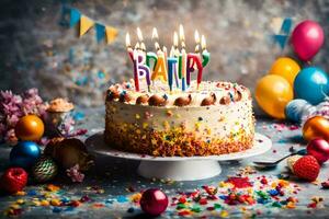 birthday cake with candles on a table with colorful confetti. AI-Generated photo