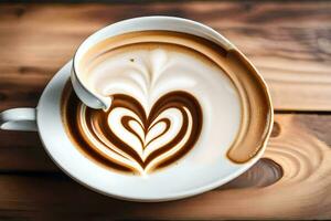 a heart shaped latte on a wooden table. AI-Generated photo