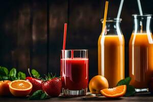 juice and fruit in glass bottles on a wooden table. AI-Generated photo