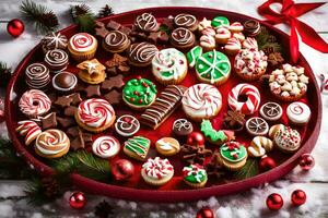 a tray of christmas cookies and candies on a white background. AI-Generated photo