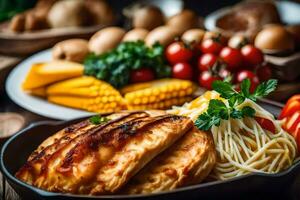 chicken breast with pasta and vegetables. AI-Generated photo