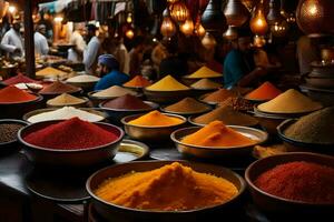 many bowls of spices are on display in a market. AI-Generated photo