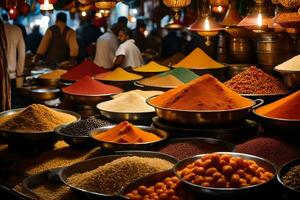 many bowls of spices are on display in a market. AI-Generated photo