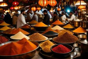 a market with many different types of spices. AI-Generated photo