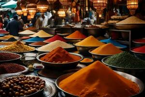 many bowls of colorful spices are on display. AI-Generated photo