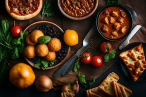 a variety of food on a wooden table. AI-Generated photo