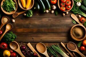 a wooden table with various vegetables and spices. AI-Generated photo