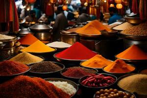 a variety of spices and spices are displayed in bowls. AI-Generated photo