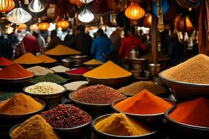 many bowls of spices are on display in a market. AI-Generated photo