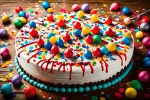 a birthday cake with colorful sprinkles and balloons. AI-Generated photo