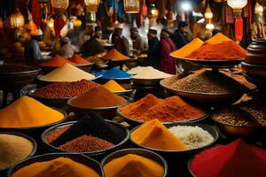 many bowls of spices are on display in a market. AI-Generated photo