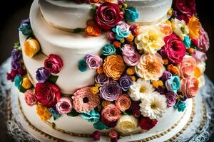 a wedding cake with colorful flowers on top. AI-Generated photo