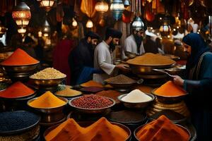 people are shopping for spices in a market. AI-Generated photo