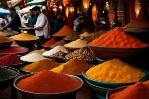 many different types of spices are displayed in bowls. AI-Generated photo