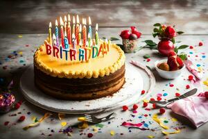 un cumpleaños pastel con velas en él. generado por ai foto