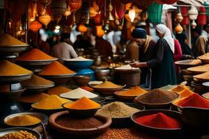 a market with many different types of spices. AI-Generated photo