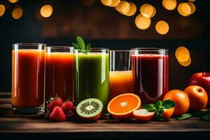 a variety of juices and fruits on a wooden table. AI-Generated photo