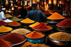 many different types of spices are on display in bowls. AI-Generated photo